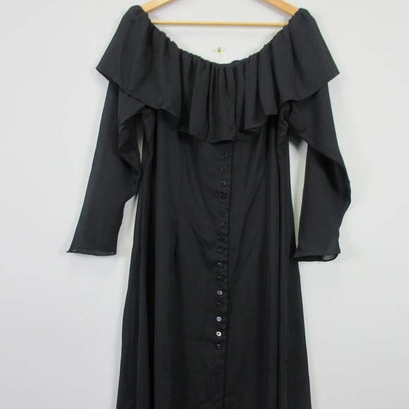 Vtg Dress 12 Black Maxi Off Shoulder Ruffle Layered Button Whimsigoth Gothic 338 - Picture 4 of 10